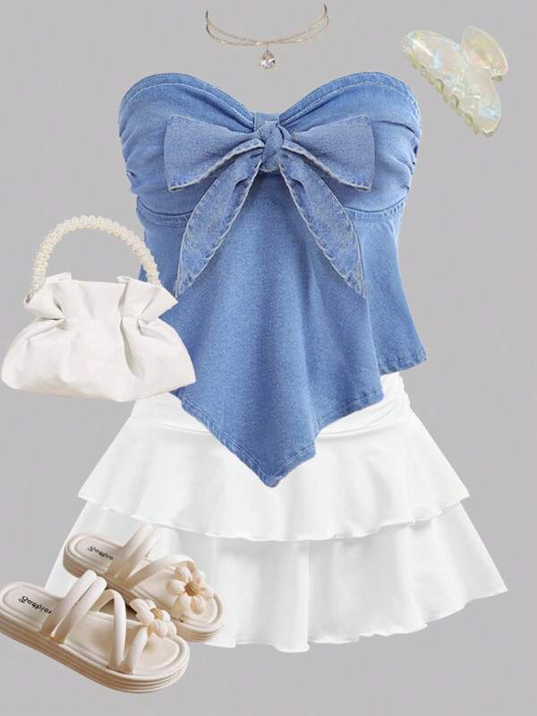 SHEIN Girlism Tween Mädchen Fashion Y2k Casual Street Style Schleife Decor Elastic Blue Denim Tube Top Freizeit und vielseitig für Kinderkleidung Mädchen Frühling/Sommer Alltagskleidung und Streetwear-Outfits