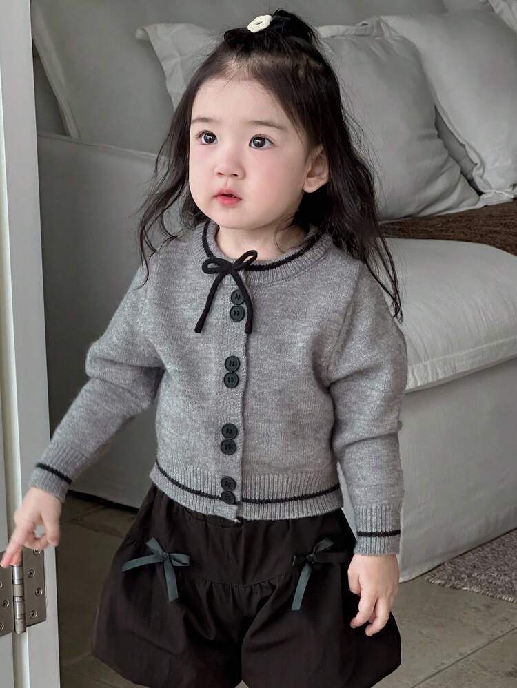 Baby Girls' Bow Decor Single-Breasted Cardigan Fall,Winter Toddler Girls Clothes