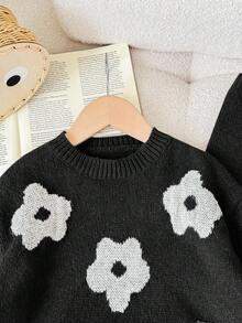 LMoss Kids LMoss  Young Girl 2pcs White Floral Pattern Sweater Top And Pants Knit Set For , Warm And Comfortable Fall Clothes,Great For Casual & Daily Wear & School Daily In Autumn & Winter Girls Sweater Sets Girl Knit Set Kids Two Piece Set Winter Girls Sets Girls Floral Knit Set Girls Knit Set Flower Knit Set Winter Young Girls Sets - Black - View 5