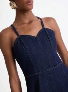 Daynim 女士时尚休闲牛仔连体裤，适合通勤 - 深色水洗藍 - 查看 4