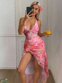 DAZY Women's Floral Print Ruffle Halter Neck Beach Dress Vacation Maxi Dress Cruise Outfit For Women - Pink - View 3