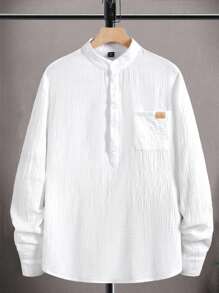 Manfinity Homme Men's Solid Color Cotton Casual Long Sleeve Stand Collar Shirt Men White Long Sleeve Shirt Men White Pocket Shirt Men White Casual Shirts Men White Henley Shirt Men Band Collar Shirt - White - View 3