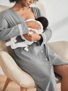 BloomMama 孕妇单排扣长袖睡裙，适合妈妈们穿着，秋冬季睡衣连衣裙 - 深灰色 - 查看 5