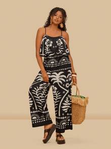 Travachic Plus Size Tropical Print Sleeveless Jumpsuit, Casual Resort Wear - Black and White - View 7