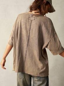 Bohemela Casual Solid Color Knit Round Neck Loose Washed Plus Size T-Shirt,Vintage - Dark Grey - View 2