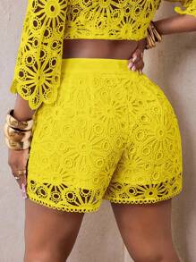 BamGleam Spring/Summer New Elegant Casual Solid Color Floral Hollow Loose Shorts For Women