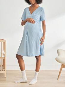 BloomMama Maternity Short Sleeve Ribbed Nursing Nightgown With Button,Fashion Loungewear Sleepwear Pajama Dress Sleep Shirt - Blue - View 4