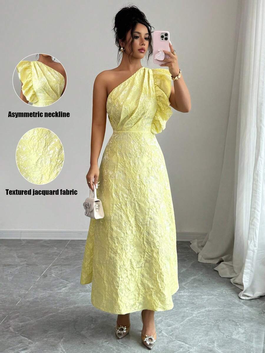 Elenzga 女式黄色不对称领口提花腰部收腰优雅连衣裙 - 黃色 - 查看 1
