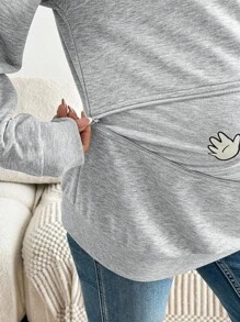 SHEIN 孕妇休闲可爱卡通图案拉链细节运动衫，适合日常穿着 - 灰色 - 查看 7