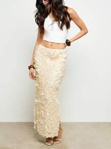 AiiRZ Shimmering Paillette Sequin Maxi Skirt Evening Party Wedding Guest Side Split Formal Special Occasion Fashion