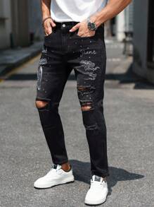 Manfinity LEGND Men's Fashion Street Style Embroidered Rhinestone Distressed Black Slim Fit Denim Jeans Men Rhinestone Jeans Men Graphic Jeans