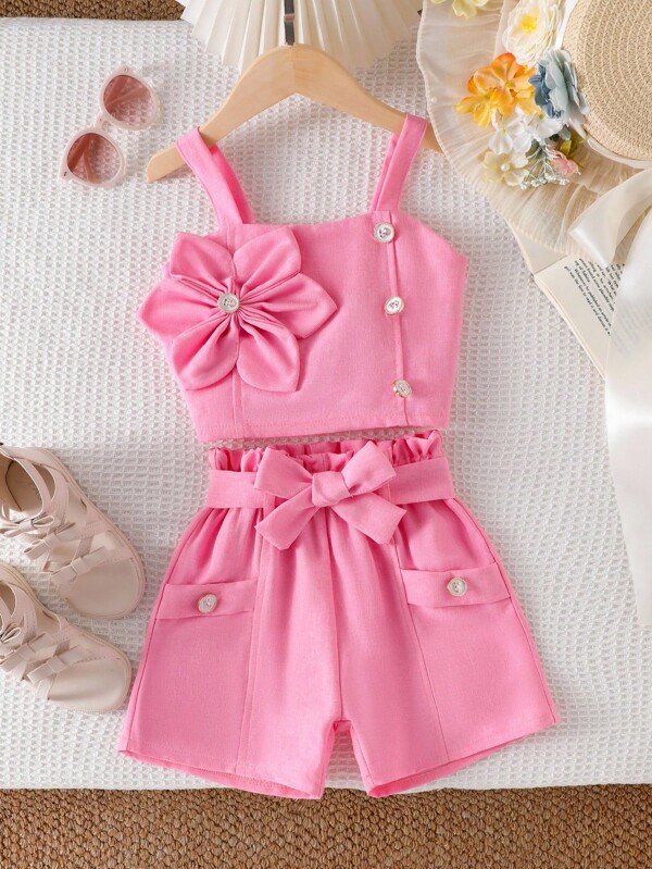 2pcs Girls (Small) Outfit - Pink Camisole Top With 3D Floral Decor And Waist Belt, Shorts Set, Summer Girls Pink Two Piece Set Pink Bow Outfit Girl Cute Pink Clothes For Girls Summer Two Piece Set For Girls Girls Pink Outfit