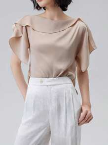 Franclia Blusa elegante de manga corta con volantes en el bajo, de estilo sencillo y unicolor, para uso casual y commuter de mujeres