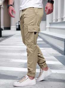 Manfinity Homme Men's Casual Relaxed Elastic Waist Drawstring Cargo Pants With Pocket - Khaki - View 3