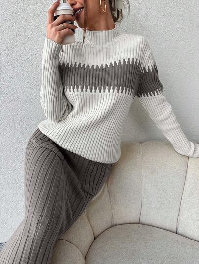 EURMUSE 2 Pcs/Set Women Autumn/Winter Casual Contrast Color High Neck Drop Shoulder Loose Pullover Sweater And Pocket Patchwork Sweater Skirt,Petite