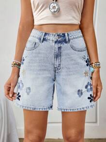 EMERY ROSE Women's Floral Embroidery Pocket Loose Casual Denim Shorts - Blue - View 3