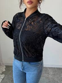Elenzga Chaqueta de encaje de unicolor elegante para mujer, ideal para el transporte - Negro - Ver 5