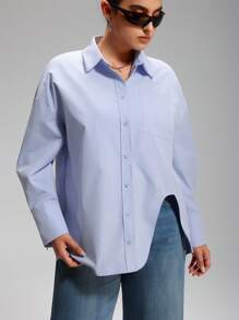 LYSMO Plus Size Solid Color Asymmetric Hem Button Up Casual Long Sleeve Shirt - Blue - View 6