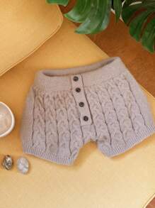 Comfortcana Low Waist Women's Knitted Shorts With Cable Pattern & Button Design - Grey - View 7