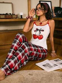 Conjunto de pijama de mujer con estampado de cereza y cuadros con cinta con letras - Blanco - Ver 7