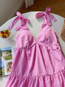 Comfortcana Damen Neues gestreiftes Minikleid mit V-Ausschnitt, Schleife und Babydoll-Stil