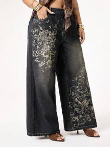 ROMWE Grunge Punk Jeans de talla grande desgastados y distressed de estilo callejero grunge con estampado vintage de enredaderas en cruz - Negro - Ver 7