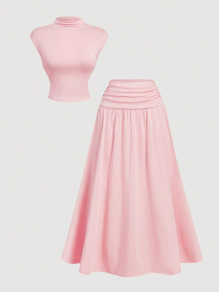 SHEIN MOD Light Pink 2 Pieces Set: Stand Collar Top & Fitted Skirt - Baby Pink - View 1