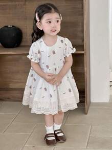 Dazy Kids Robe d'été style coréen à manches bouffantes et imprimé ours de dessin animé pour tout-petites filles