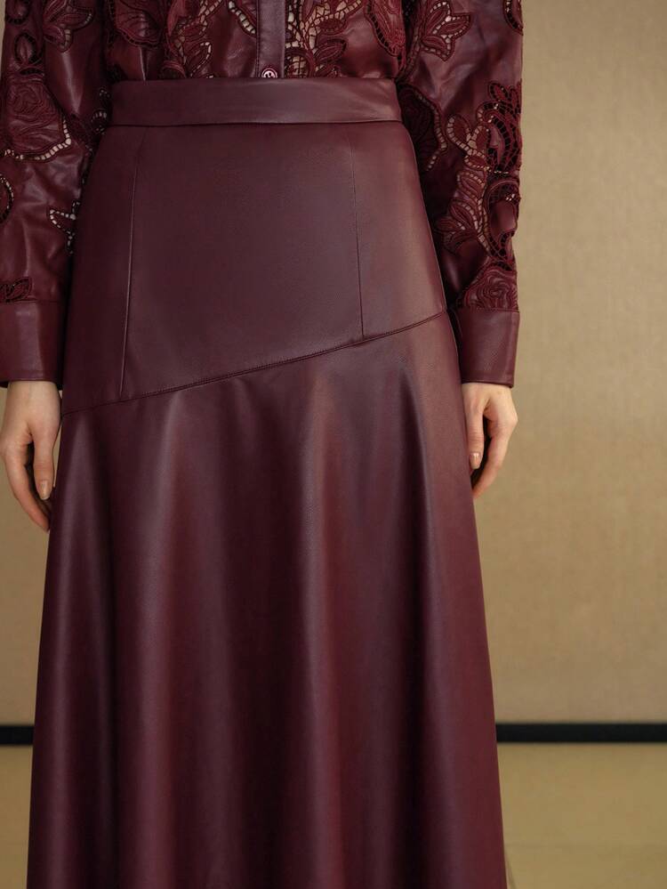 PU LEATHER SOLID ZIPPER SIDE FLOWY SKIRT