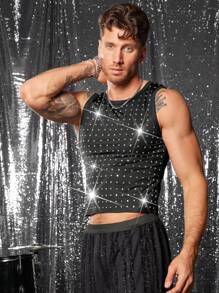 FeverCity Camiseta de tirantes holgada para hombre con estampado digital y decoración de lentejuelas, para el verano - Negro - Ver 5