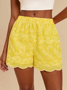 Travachic Summer Casual Wear For Holiday Dates, Stretch Waistband With Wave Edges And Bohemian-Style Peiris Pattern At The Hem, With Textured Floral Embroidery, Women's Short Pants For Vacation, Summer Beach Wear For School, Very Simple, Women's Country Clothing, Office Wear, Old Money Wear, Teacher Wear, Date Wear, Graduation Season, Cream-Colored Pants, Casual Wear For Wedding Season Sister Afternoon Tea Gatherings And Festival Occasions