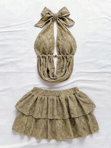 Soleia Bộ 2 món áo crop top hở lưng hở lưng và chân váy mini cổ chữ V, thích hợp cho các dịp lễ, hẹn hò, trà chiều, nghỉ dưỡng, lễ hội âm nhạc, phong cách Bohemian - Màu xanh Bạc hà - Xem 8