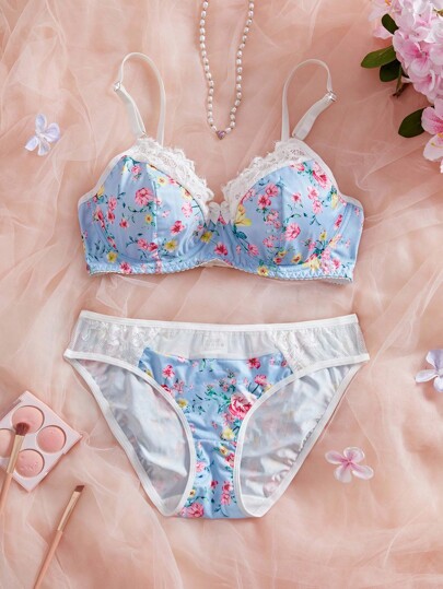 SHEIN 2pcs/Set Women Lace Patchwork Gather Bra+ Women Briefs Everyday Underwear Set Floral Lingerie Set Lingerie Set Multicolor Panty And Bras Sets Kawaii Lingerie Butterfly Lingerie Set