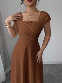 Women's Solid Color Dress, Square Neck, Short Sleeves, Minimalist Everyday Wear - Gray Blue - View 5