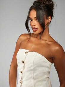 MISSGUIDED Bandeau Strapless Denim Button Front Top Summer Festival Retro Style Gold Button Details Frayed Edge Raw Cut - White - View 5
