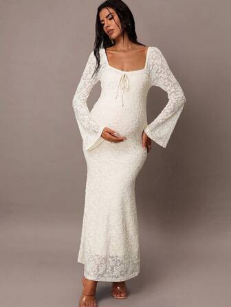 MaterniChic Maternity Lace Dress  Autumn And Winter Fall Women Clothes Maternity Elegant Contrast Lace Bell Sleeve Dress Winter Dresses For Women
