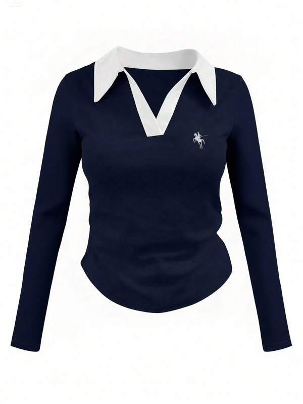 INAWLY Ladies' Contrast Color Turndown Collar Long Sleeve Casual T-Shirt With Knight Print