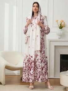 Al Najma Damen Blume Muster Stehkragen Laternenmärmmel Patchwork Volant Saum Loose Langes Kleid