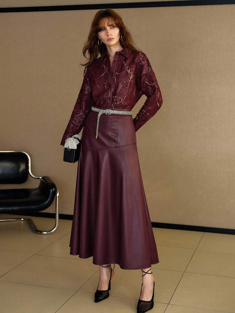 PU LEATHER SOLID ZIPPER SIDE FLOWY SKIRT