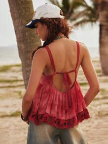 Bohemela Top canottiera da donna stile boho vacanza al mare, con spalline sottili, in tessuto intrecciato tie-dye, schiena scoperta