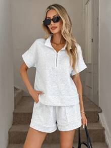 Easowa Set de 2 piezas de top con cuello polo y bolsillo talla grande pantalón corto de pierna ancha, estilo informal y suelto con cremallera, para oficina y uso diario
