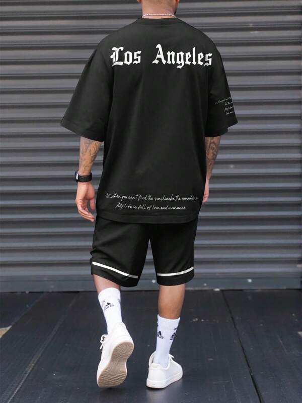 Manfinity LEGND Men's Letter Print Round Neck Short Sleeve Casual T-Shirt And Drawstring Waist Shorts Set Mens Two Piece Short Set Los Angeles Shorts Set Mens Streetwear Set Black Short Set Men 2 Piece Summer Set Men