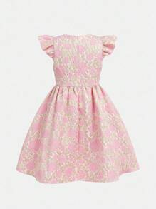 Tween Girl Floral Jacquard Ruffle Trim Dress, Party Wear - Pink - View 6