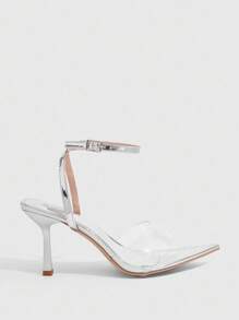 CUCCOO SZL Zapatos de tacón alto de stiletto con punta puntiaguda y malla floral para mujer, elegantes y elegantes zapatos de vestir de tacón alto de satén negro para fiestas - Plateado - Ver 9