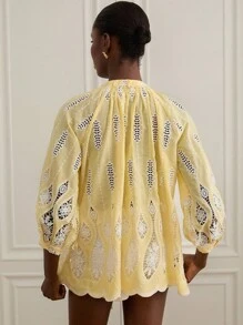 SHEIN Privé Blouse à manches longues style bohème avec col lavallière, en couleur contrastée, avec broderie ajourée, de couleur crème et jaune, pour femmes - Multicolore - Voir 2