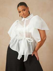 Vixey 透明欧根纱泡泡袖纽扣式透明上衣（配腰带） - 白色 - 查看 4