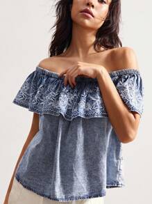 Bohemela 波西米亚复古牛仔刺绣图案露肩荷叶边休闲女式衬衫上衣 - 藍白色 - 查看 3