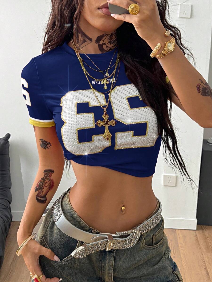 Coolane 女士夏季街头时尚 Y2K 闪亮水钻修身 T 恤 - 藏蓝色 - 查看 1