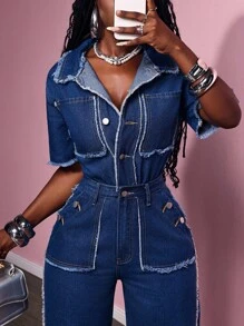 Slaydiva Mono informal de mezclilla desgastada con mangas cortas