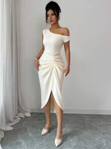 Rafferiza Vestido asimétrico de media longitud sin mangas con pliegues para mujeres - Albaricoque - Ver 8